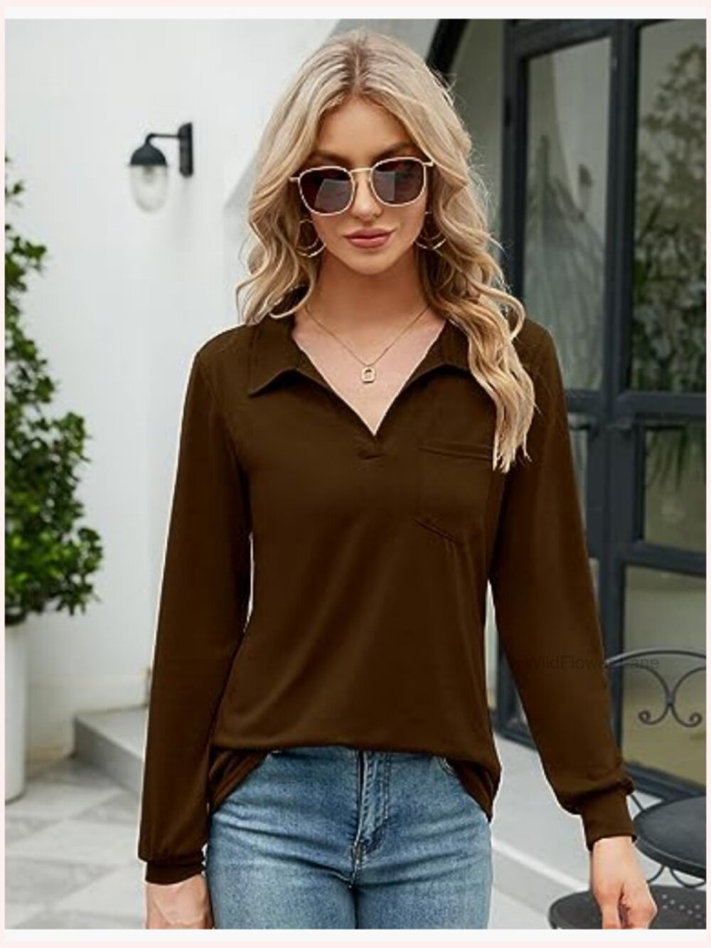 Womens V Neck Polo Short Sleeve Collared Tunic Blouse Pocket Loose Casual - Picture 6 of 7
